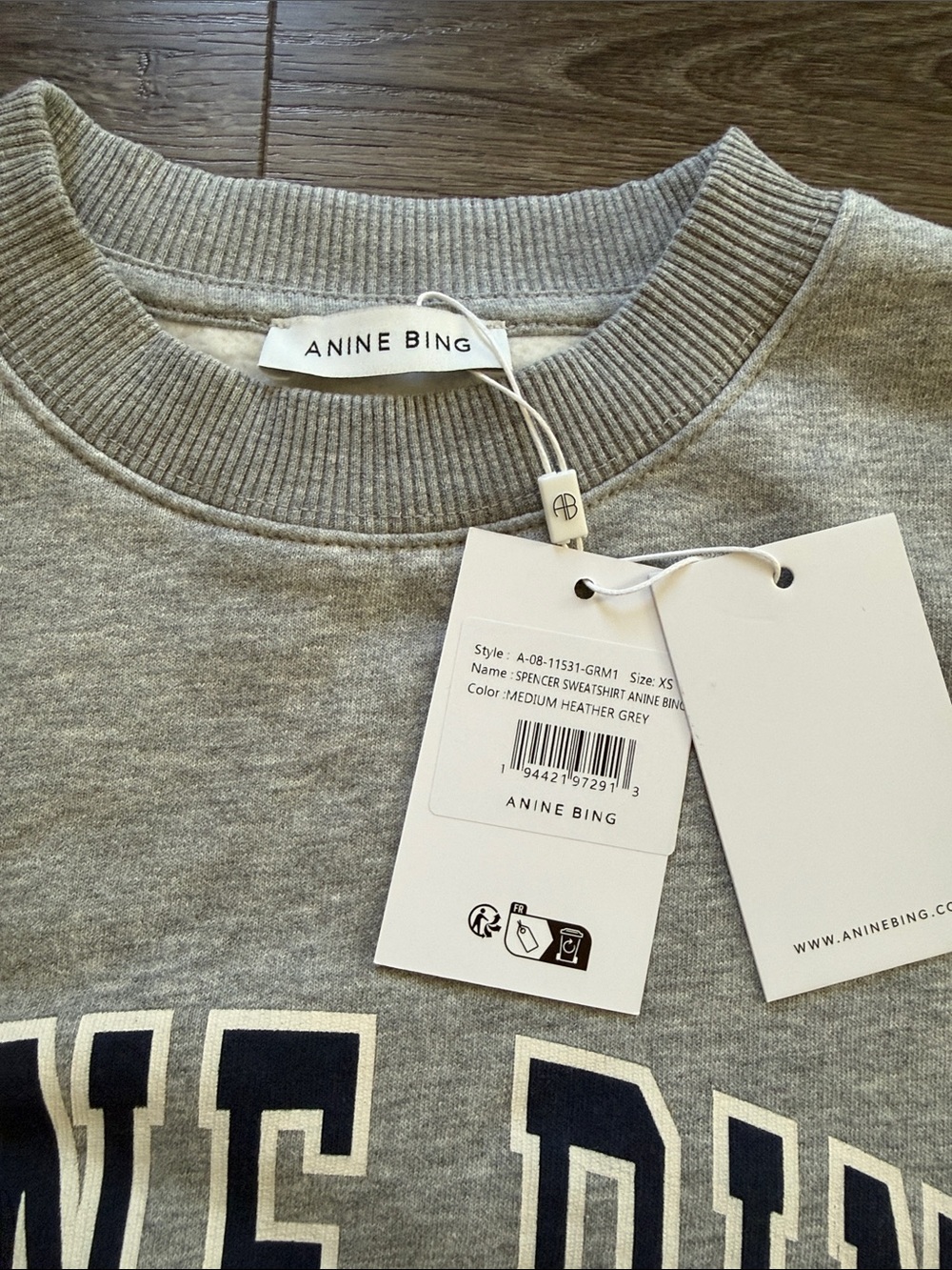 NWT Anine Bing Grey Spencer Sweatshirt with Navy Logo XS - Picture 3 of 6